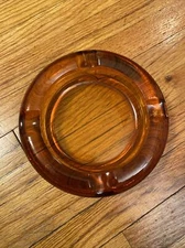Vintage Large Round Dark  Amber Glass Cigar/Cigarette Ashtray 6 In Heavy 4 Slots