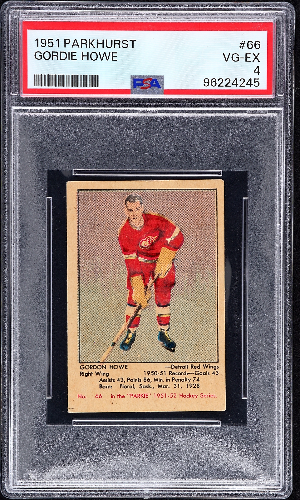 1951 PARKHURST #66 GORDIE HOWE ROOKIE RC PSA 4