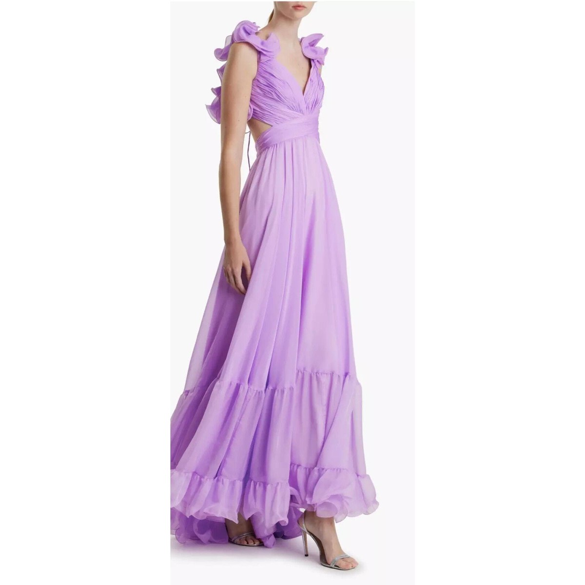 Mac duggal新作 シフォンオープンバックレースロングドレスLILAC Mac Duggal Pleated Ruffle Cap Sleeve Chiffon Gown, Lilac