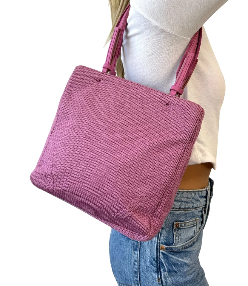 PRADA Vintage Logo Knit Tote Bag Shoulder Bag Pink Silver Wool Leather - Image 2 of 4