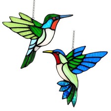 2 Pcs Hummingbird Stained Glass Window Hanging Suncatchers Gifts for Women