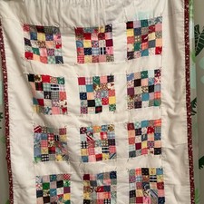 VINTAGE HAND SEWN Lap Patchwork Quilt, Multicolor Cotton with Floral Backing