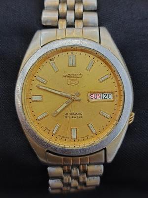 Seiko 5 Automatic Gold Dial 7S26-00X0 Day Date Men's Watch