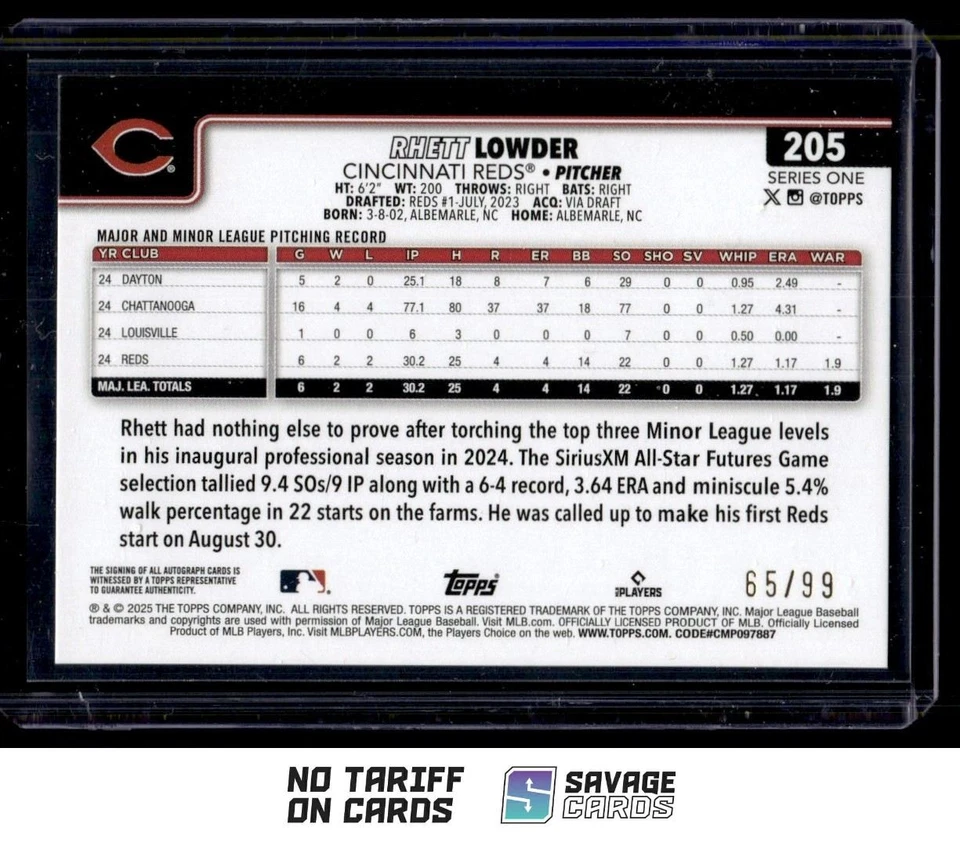 2025 Topps Real one Auto Rookie Green Foil Rhett Lowder /99 #205 Cincinnati Reds - Image 2 of 3