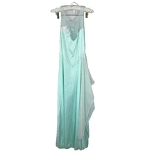 Vtg Val Mode Long Maxi  Nightgown Sz M Blue Green Satin Slip Dress Flower USA