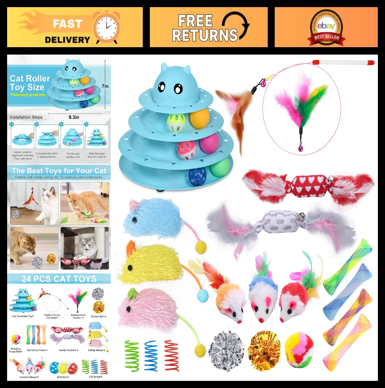 24 PCS Interactive Cat Toy Set - 3-Level Turntable, Catnip, Teasers & Balls