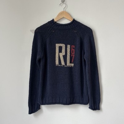 Vintage Polo Sport 100% Silk Chunky Knit Fisherman Sweater Size M RL67 Big Logo