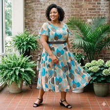 IGIGI Plus Size 28 Geometric Retro Dress Rockabilly Fit & Flare Full Skirt USA