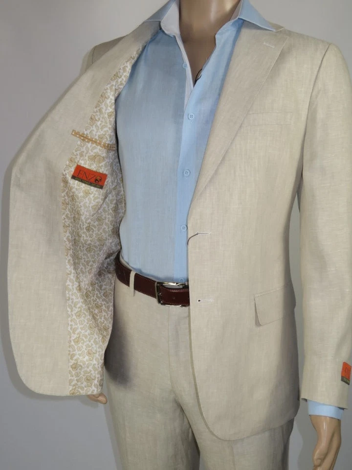 Traje Para Hombre ENZO Lino Primavera Verano Ligero Transpirable E58302-7 Natural Foto 4 de 4