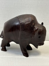 Hand-Carved Dark Brown Wooden Bison Buffalo Sculpture