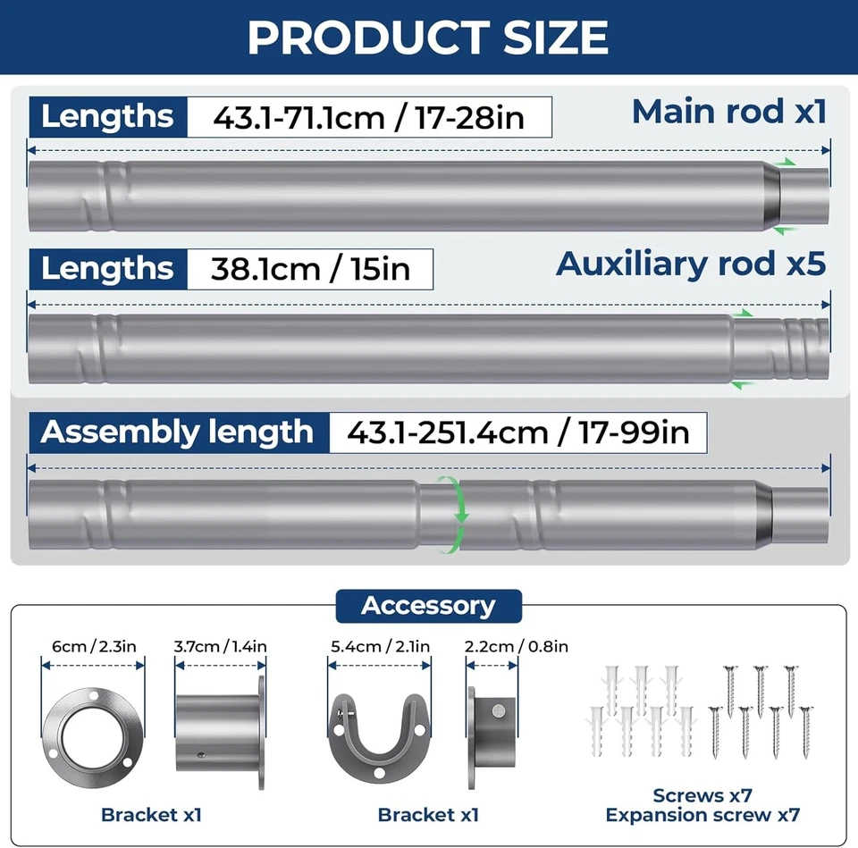 Barra colgante ajustable de 17-99 pulgadas plateada de alta resistencia montada en la pared Foto 4 de 4
