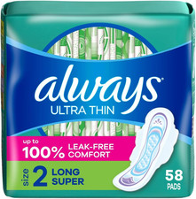 Always Ultra Thin Long Super Pads with Wings, Size 2, 58 Count