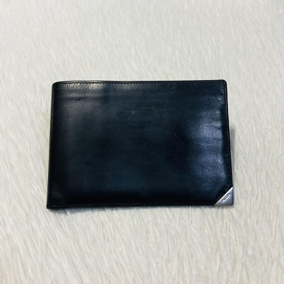 Prada Bifold Wallet Black Leather Silver Logo Men's Women's Classic