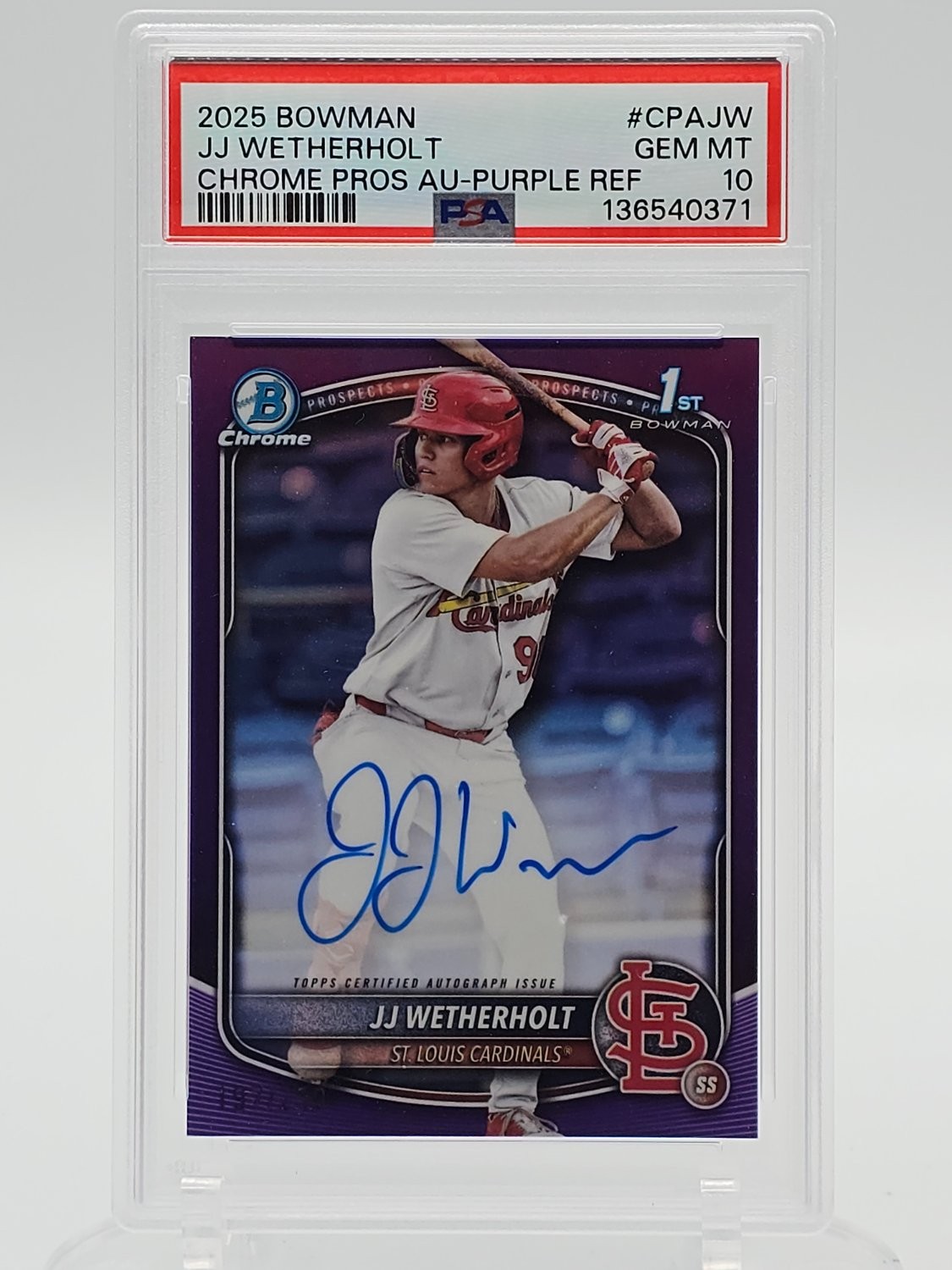 JJ WETHERHOLT 2025 BOWMAN CHROME PROSPECTS AUTO PURPLE 1ST /250 PSA 10 Q2754