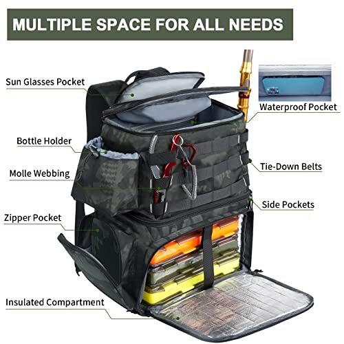 backpack tackle bag with cooler Large Fishing Tackle Backpack with Cooler and Rod Holders for Fishing Gear, Camouflage