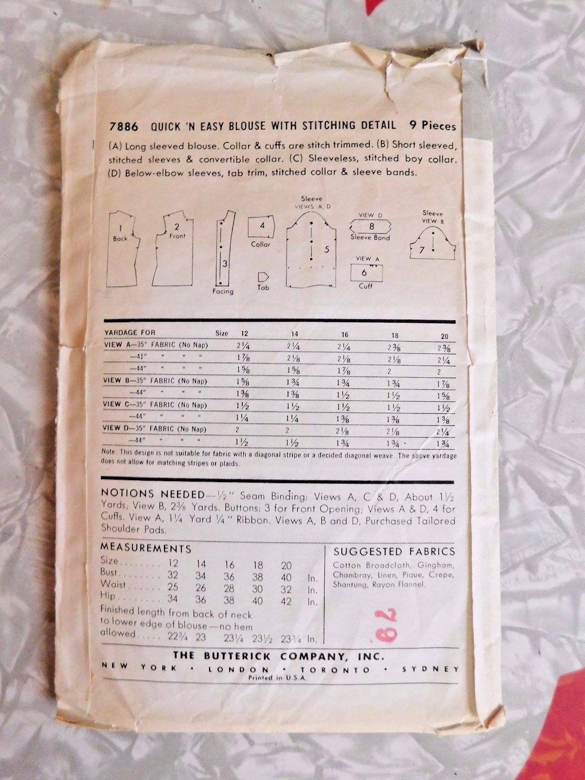 VINTAGE 1956 BUTTERICK PATTERN 7886 BLOUSES BUST 32 | eBay