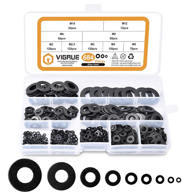 #ad #ad 684Pcs Metric Flat Washers Assortment Kit Black Washers Screws $29.99