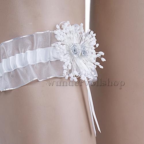 Weißes Braut-Strumpfband Mit Herz-Schmuckstein & Schleife – Für Hochzeit, JGA, Karneval, Kostüm | Einheitsgröße