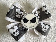 Girls Hair Bow 4" Wide Jack Skellington Ribbon White Flatback Alligator Clip