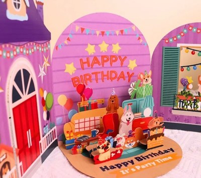 Geburtstagskarte 3D Pop Up Karte süße Hund Welpen Papa Mama Tochter Nichte Geschenkkarte