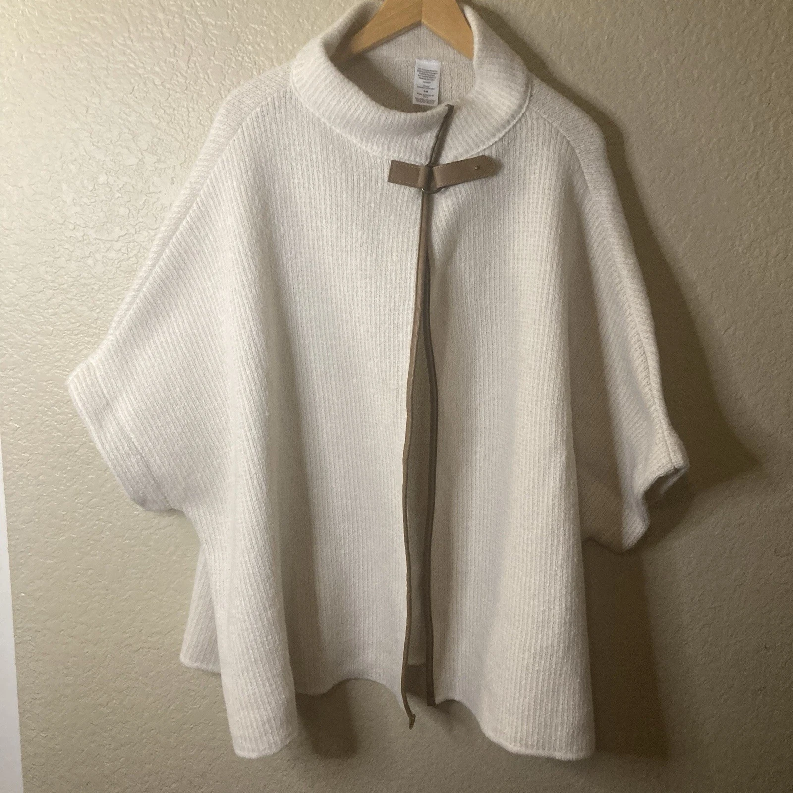 Casual Cream Knit Fashion Buckle Ruana Poncho Front Cap Boho Style Cover Up
