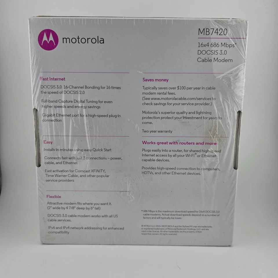 Motorola MB7420 16x4 686 Mbps DOCSIS 3.0 Single Ethernet Port Cable Modem NEW - Image 3 of 4