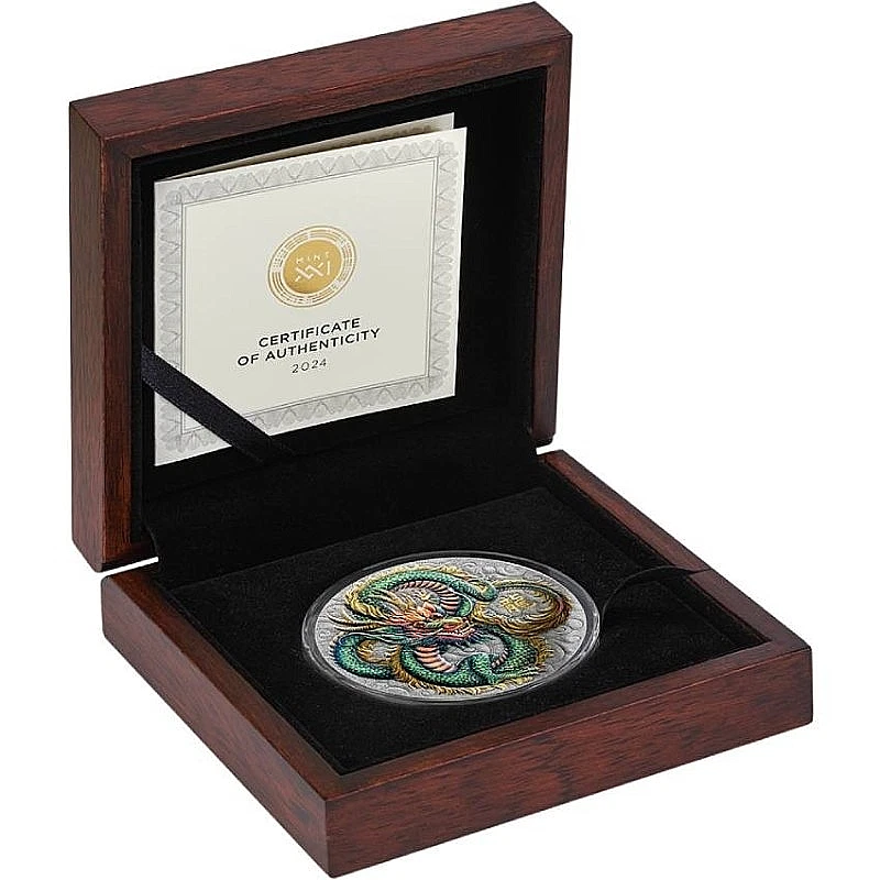 moneda de plata 5 oz "El poder del dragón verde" antigua, Niue 2024