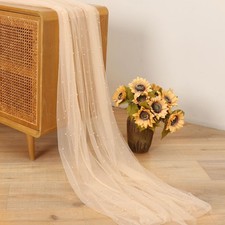 10FT Beige Pearl Table Runner, Dessert Fabric Tulle Table Runner Cloth for We...