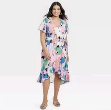 Ava Viv Dress Women s 3X Midi Wrap Flutter Short Sleeve Abstract Floral New