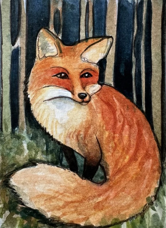 Original ACEO Fox Painting Miniature Art Card Ooak By Artist Dulshan C1