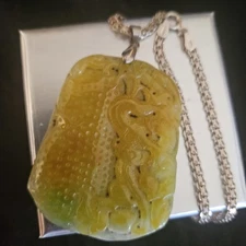 JADE OLD HAND Carved LARGE Pendant DRAGON PENDANT QUALITY STERLING SILVER CHAIN 