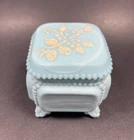 Vtg Westmoreland Blue Milk Glass White Raise Flower Footed 2.75 in. Trinket Dish