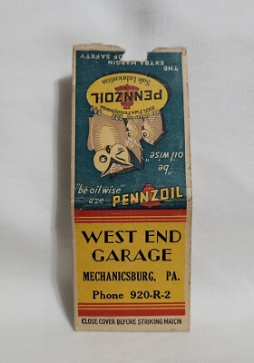 Vintage West End Garage Pennzoil Owl PA Bobtail Matchbook Cover Advertising