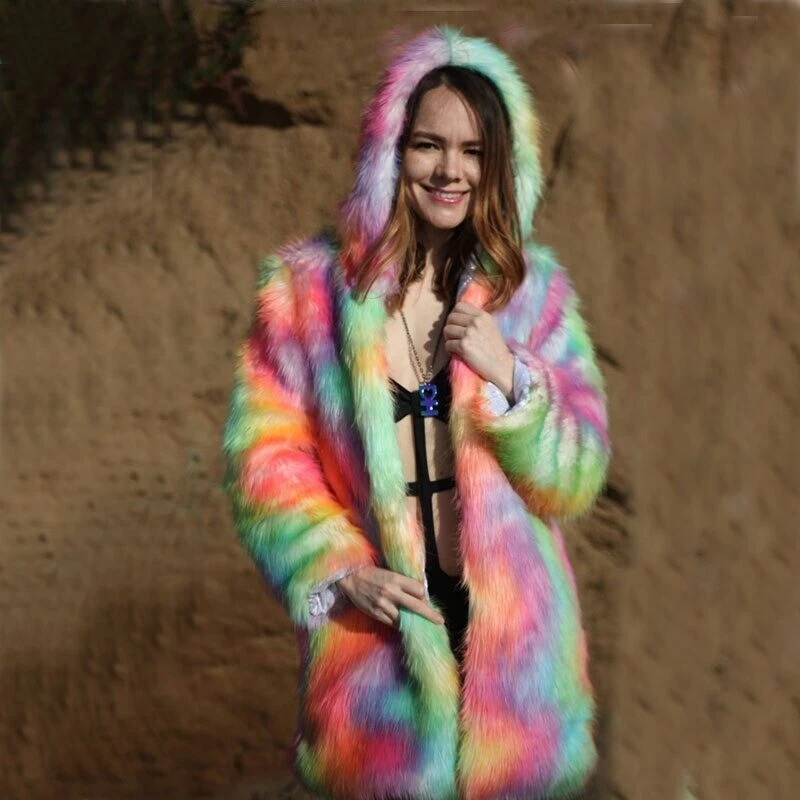Long Rainbow Faux Fur Coat Unisex Multicolor Thick Rave Party Festival Jacket