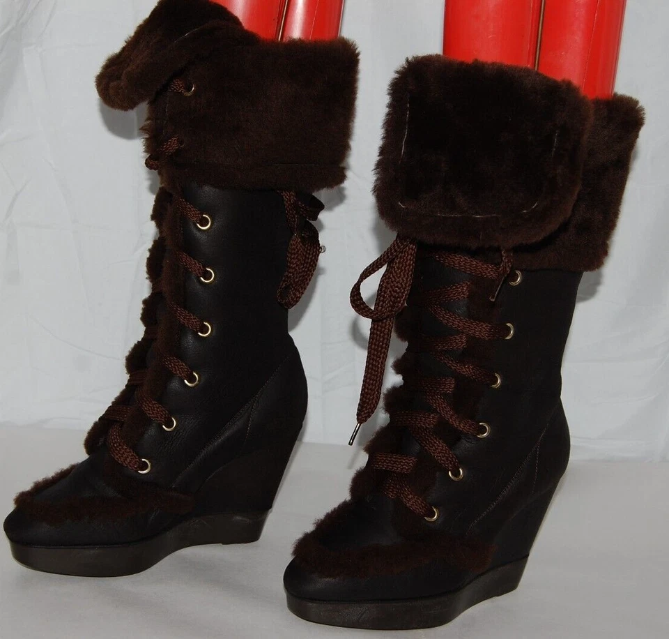 $1285❤️ Botas ALTAS 36.5/6.5 Sergio Rossi Cuero de Oveja Tacones Hasta la Rodilla Cuña Foto 2 de 4