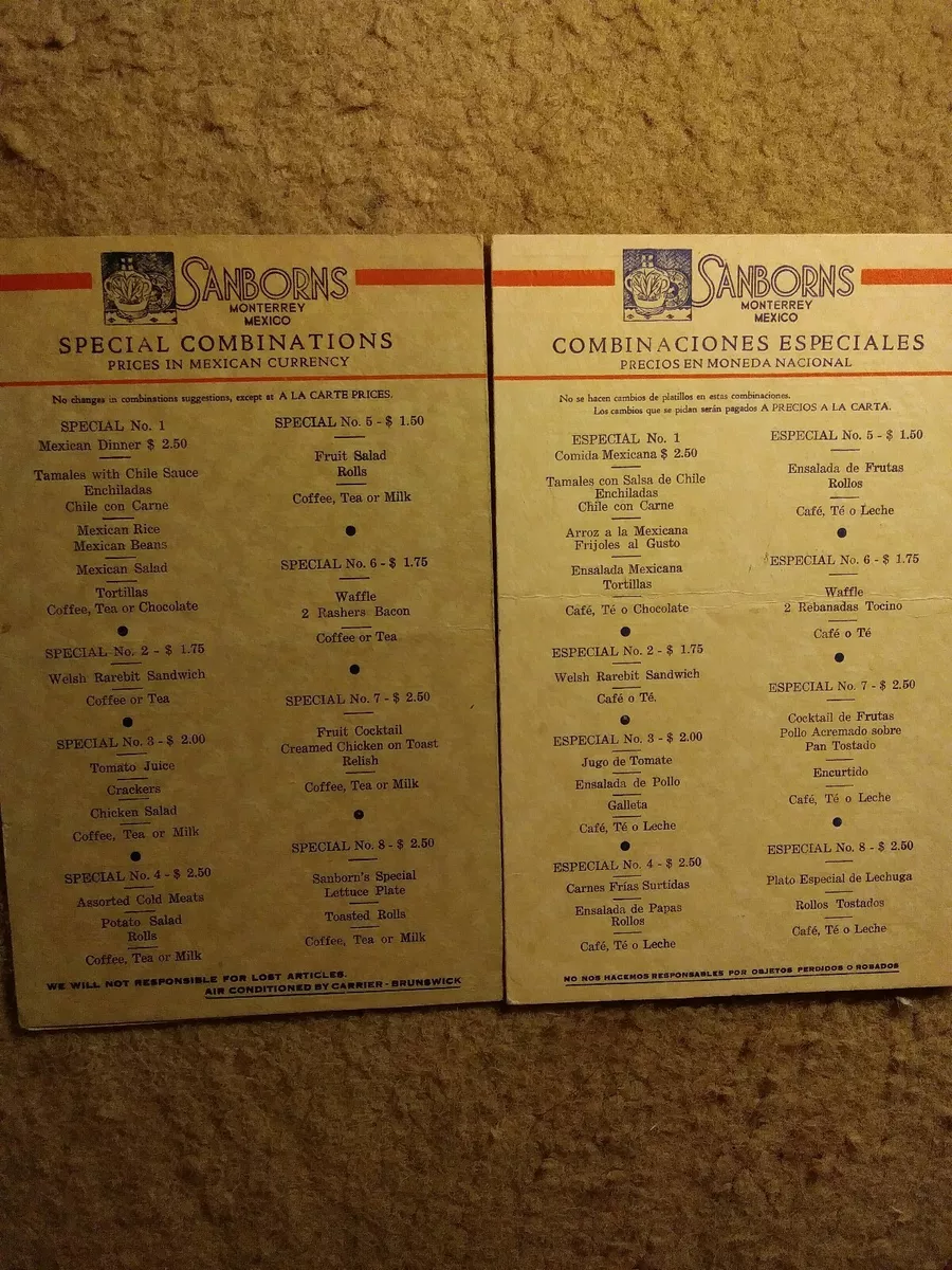 Vintage Sanborns Mexico Restaurant menu lot of 2 English Spanish