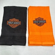 Harley Davidson Towels Embroidered Hand Towel Set Black Orange Biker Bathroom