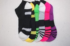 Womens 6 PAIR LOT LOW CUT SOCKS Athletic BLACK W/ COLORED BOTTOMS Shoe Size 4-10