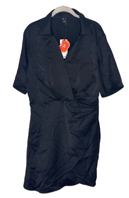 Cider Women s Black Satin Collared Short Sleeve Faux Wrap Mini Dress Sz L NWT