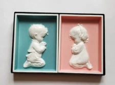Vintage 1950's Molded Plastic Praying Boy & Girl Hanging Plaque Original Box NOS