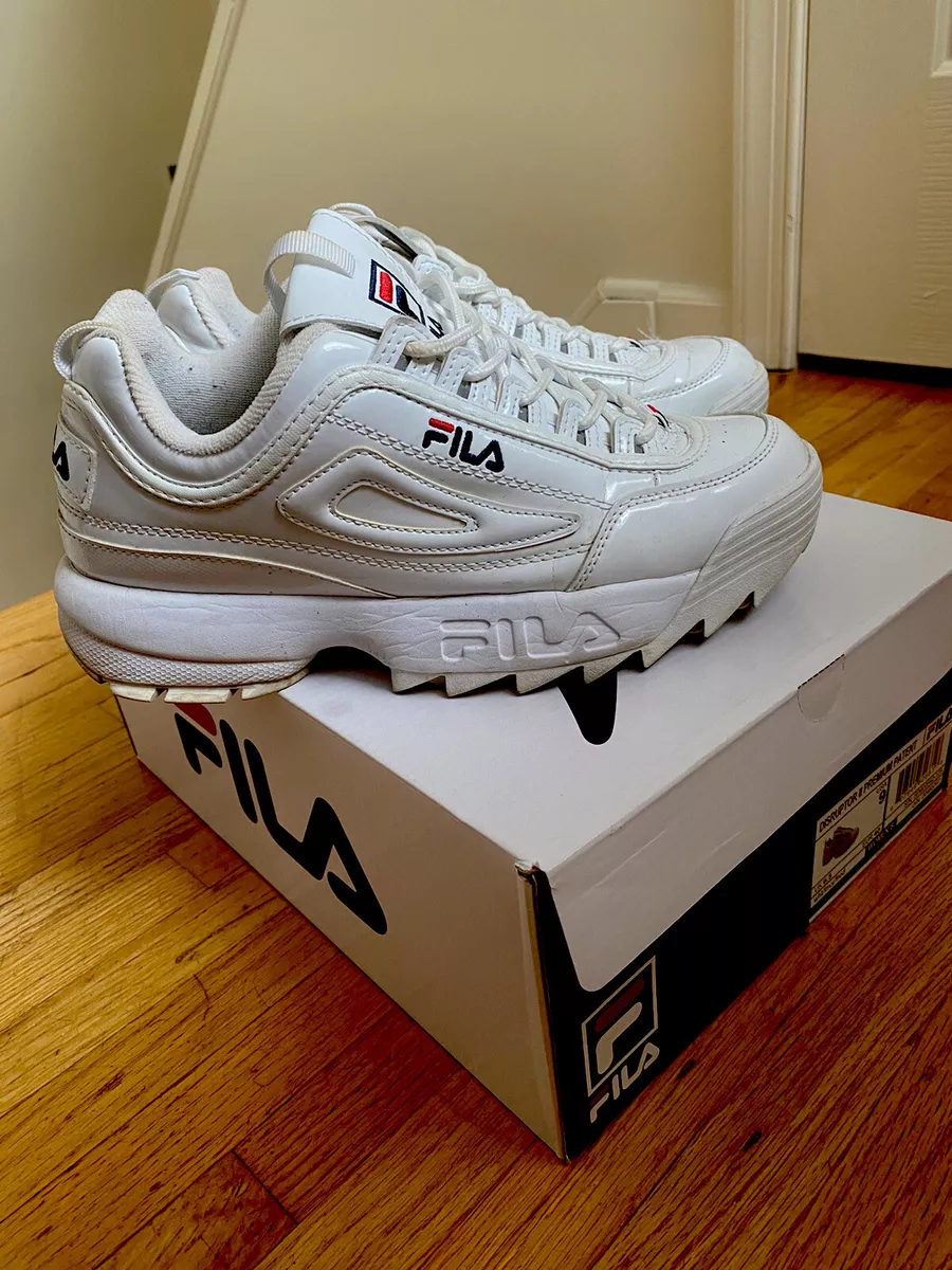 FILA Disruptor II Premium Women’s White Patent Leather Sneakers Size 9