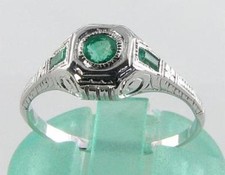 9k 9CT WHITE GOLD COLOMBIAN EMERALD TRILOGY ART DECO INS RING Size J