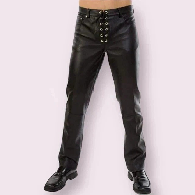 Men's Real Lambskin Soft Leather Front Lace Up Black Pant Classic & Modern