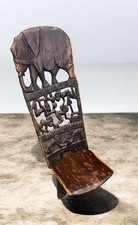 African hand carved  Palaver (Birthing) Chair. Elephant & African Figures Motifs