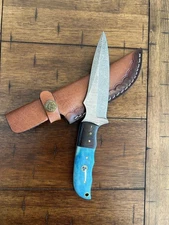 CUSTOM HANDMADE DAMASCUS RESIN HANDLE KNIFE WITH PREMIMUM LEATHER SHEATH 143