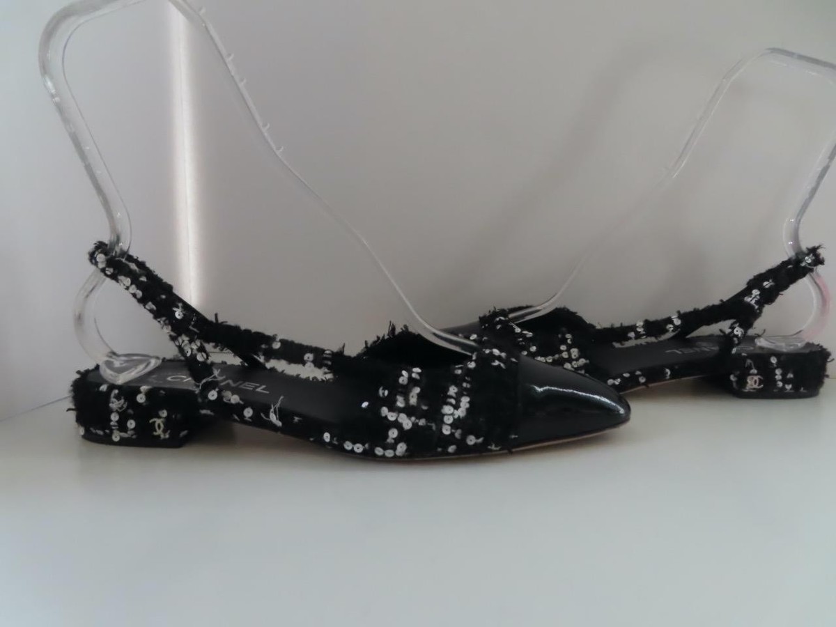 CHANEL Black/White Tweed/Sequin Blk Patent Cap Toe Slingback Flats