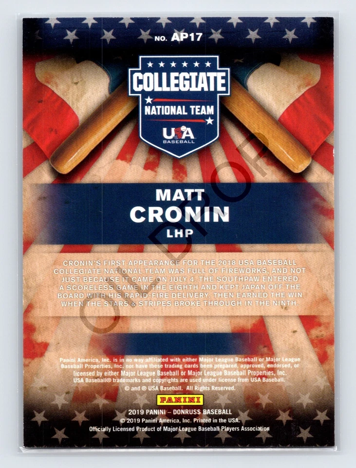 2019 Panini Donruss American Pride Bronze /349 Matt Cronin #AP17 - Image 2 of 3
