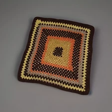 1970’s Lap Blanket MCM Handmade 27” Square Afghan GUC Brown Green Rust Retro