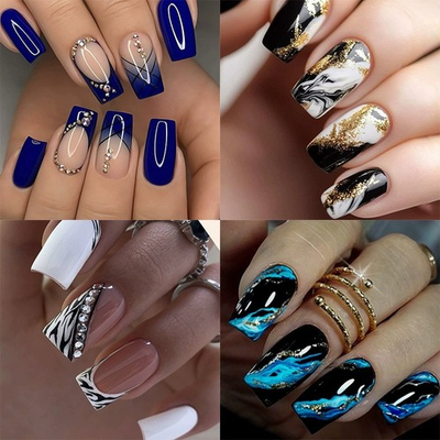 #ad 96PCS Luxury Blue White Diamond Black Gold Marble Pressure Nails Reusable Nail $19.99