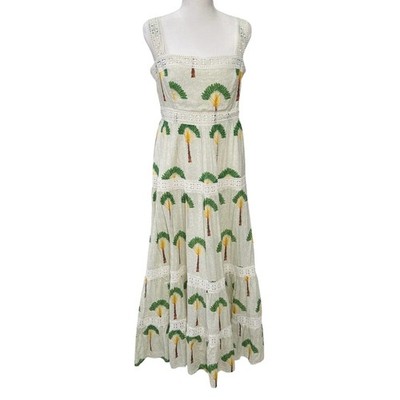 Calypso St. Barth Palm Tree Print Tiered Maxi Dress With Lace Trim Size M